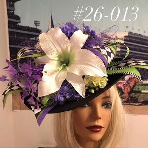Black Wide-Brim Hat with White Lily & Purple Floral Accents by